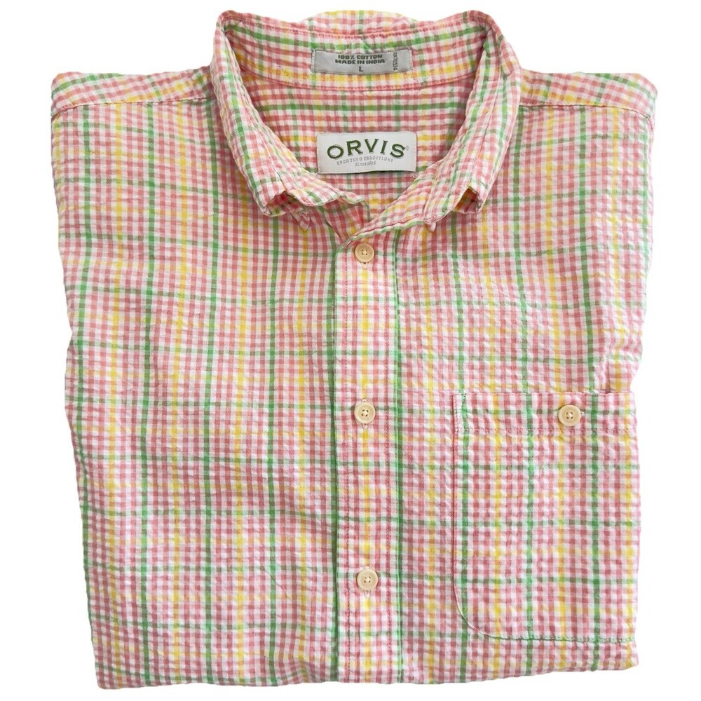 Orvis Short Sleeve Mens Shirt Large Seersucker Pastel Multi Color 100% Cotton
